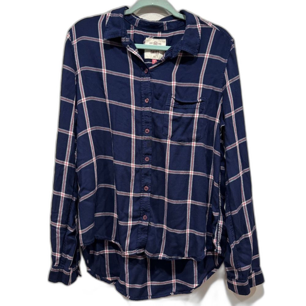 SO Button Up Flannel Perfect Shirt Relaxed Top Navy & White Checkered Womens XL